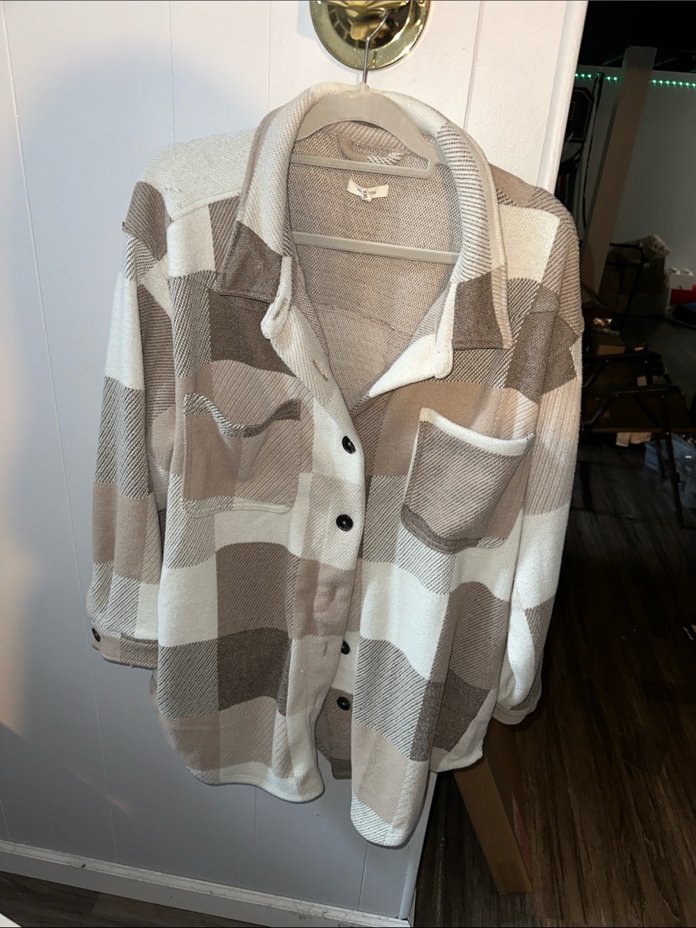 Maurices Beige & Cream Plaid Button-Up Sweater Shacket